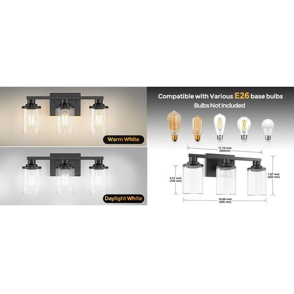 #6742 DORESshop 20 Inch Bathroom Light Fixtures, 3-Light Black Bathroom Lighting - Picture 2 of 9